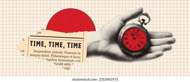 A hand holds an pocket clock. Trendy halftone collage. Concept of coming deadline and time management. Contemporary vector banner on vintage checkered background.