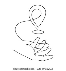 La mano mantiene puntos en el mapa una línea de arte, el control continuo de destino de la vía dibujada a mano, la dirección de la plantilla de la palma de moda, el concepto de navegación de gps.Accionamiento editable.Isolated.Vector ilustración