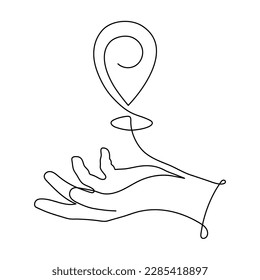 Hand holds points location at map one line art,hand drawn way destination continuous contour,trendy palm template direction, gps navigation concept.Editable stroke.Isolated.Vector illustration