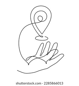 Hand holds points location at map one line art,hand drawn way destination continuous contour,trendy palm template direction, gps navigation concept.Editable stroke.Isolated.Vector illustration