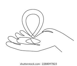 Hand holds points location at map one line art,hand drawn way destination continuous contour,trendy palm template direction, gps navigation concept.Editable stroke.Isolated.Vector illustration