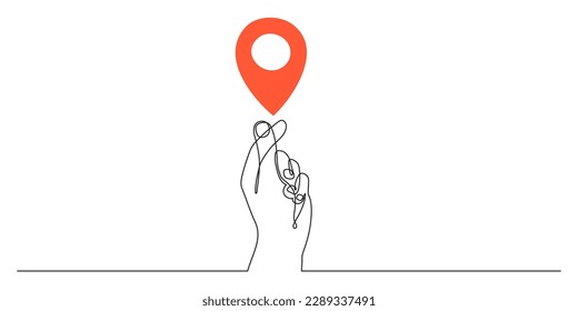 Hand holds points location at map one line art,hand drawn way destination continuous contour,trendy palm template direction, gps navigation concept.Editable stroke.Isolated.Vector illustration