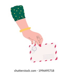 Hand holds a postal envelope. Trendy hand drawn illustration for banner, greeting card and stationery design. Mail delivery and post office