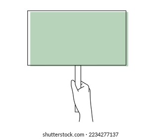 Hand holds poster,palm with placard.Showing social message Demonstration of opinion human rights,peaceful protest blank template, democracy concept.Editable stroke.Isolated.Vector illustration