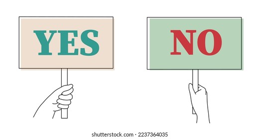 Mano sostiene afiches sí y no, palma con pancarta.Mostrando mensaje social Demostración de opinión derechos humanos, plantilla de protesta pacífica en blanco, concepto de democracia.Golpe editable.Isolated.Vector