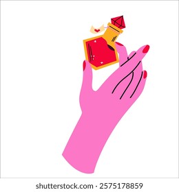 The hand holds the potion. Magic and witchcraft.