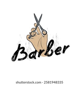 Hand holds professional scissors for haircuts. Creative design for barbers and hairstylists – Scissors and Text Illustration.