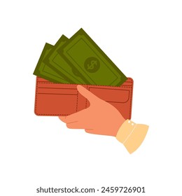 Hand holds purse with green dollars. Money wallet with paper currency. Vector illustration
