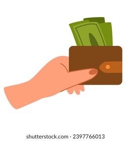 Hand holds a purse with money. Buyer making payment. Finance, payment concept. Flat vector illustration isolated on white background