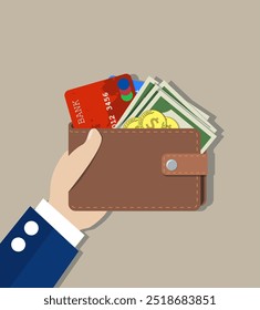 Mão segura uma bolsa. Carteira com algum dinheiro, moedas e cartão de crédito. Conceito para negócios, impressão, sites, revistas, loja online, finanças, bancos. ilustração vetorial em design plano