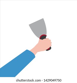 Hand holds putty knife, tool, illustration, vector isolated, cartoon style