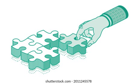 Hand Holds Puzzle and Tries to Connect it and Finish Game. Outline Isometric Concept. Business Solution. Vector Illustration.