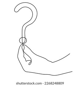 Hand holds question mark one line art, hand drawn asking sign, idea continuous contour. Query FAQ concept, finding answer. Editable stroke. Isolated. Vector illustration