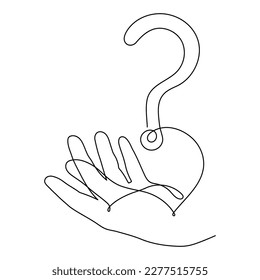 Hand holds question mark one line art, hand drawn asking sign, idea continuous contour. Query FAQ concept, finding answer. Editable stroke. Isolated. Vector illustration