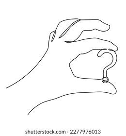 Hand holds question mark one line art, hand drawn asking sign, idea continuous contour. Query FAQ concept, finding answer. Editable stroke. Isolated. Vector illustration