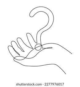 Hand holds question mark one line art, hand drawn asking sign, idea continuous contour. Query FAQ concept, finding answer. Editable stroke. Isolated. Vector illustration