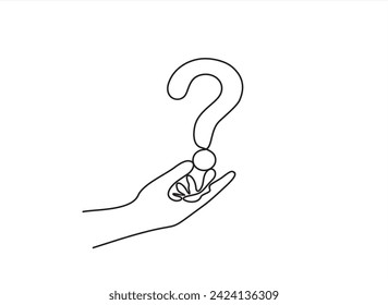 Hand holds question mark one line art, hand drawn asking sign, idea continuous contour. Query FAQ concept, finding answer. Editable stroke. Isolated. Vector illustration
