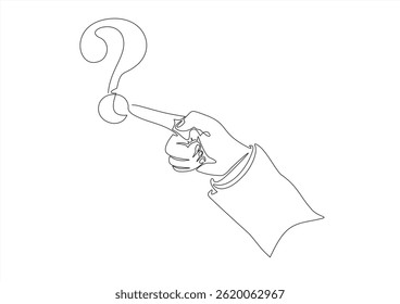 Hand holds question mark one line art, hand drawn asking sign, idea continuous contour. Query FAQ concept, finding answer. Editable stroke. Isolated. Vector illustration