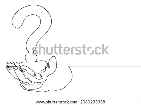 Hand holds question mark one line art, hand drawn asking sign, idea continuous contour. Query FAQ concept, finding answer. Editable stroke. Isolated. Vector illustration