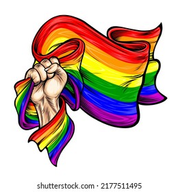 The hand holds the rainbow flag (Pride flag, freedom flag), a symbol of the LGBT community. The concept of celebrating the International day against homophobia. Vector stock illustration on white