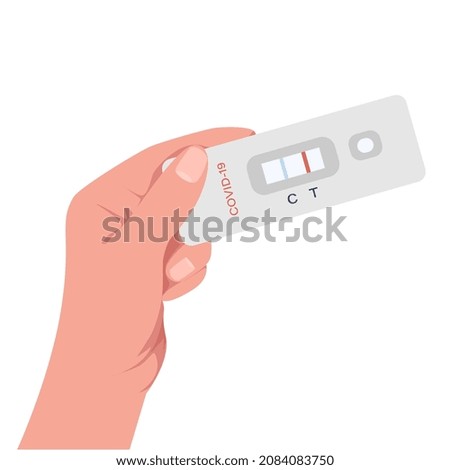 Hand holds rapid test with for COVID-19 test. Test positive for the new rapidly spreading coronavirus Covid-19. A new strain of the omicron virus. Drawing in a flat style on a white background