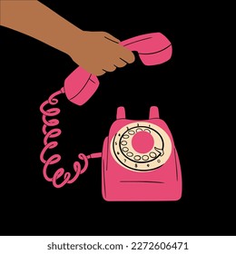 The hand holds the receiver of an old retro pink telephone. Vector illustration in cartoon style. Suitable for posters, prints, printing