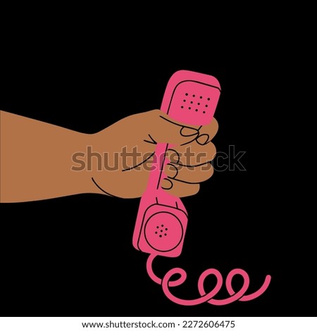 The hand holds the receiver of an old retro pink telephone. Vector illustration in cartoon style. Suitable for posters, prints, printing