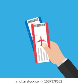 hand holds red and blue airline tickets. flat style .stock vector illustration. 10 eps