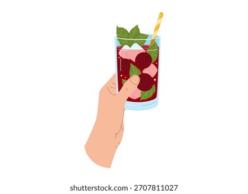 A hand holds a red cherry drink