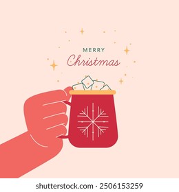 Hand holds red cup of hot cocoa with marshmallows. Merry Christmas design with festive chocolate drink, lights and text for invitations or greeting cards. Vector illustration