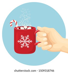 Hand holds red cup with steaming cocoa. Hot chocolate drink with marshmallows and Christmas stick. Vector illustration of delicious winter drink cacao in cartoon flat style. Round icon, banner. 