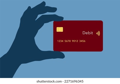 Una mano sostiene una tarjeta de débito roja en esta ilustración vectorial.
