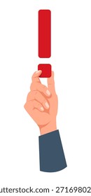 Hand holds red exclamation mark. Attracting attention. Important information. Caution notification. Reminder or alert icon. Punctuation symbol. Human arm gesture. Urgency alarm message. Vector concept