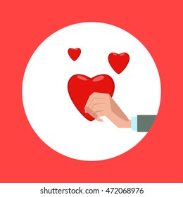 Hand holds a red heart flat style. Cartoon colorful vector illustration