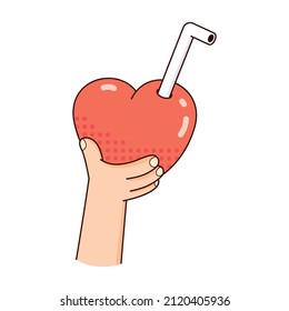 Hand holds red heart. Love cocktail with straw. Heart shape. Valentines day vector Illustration