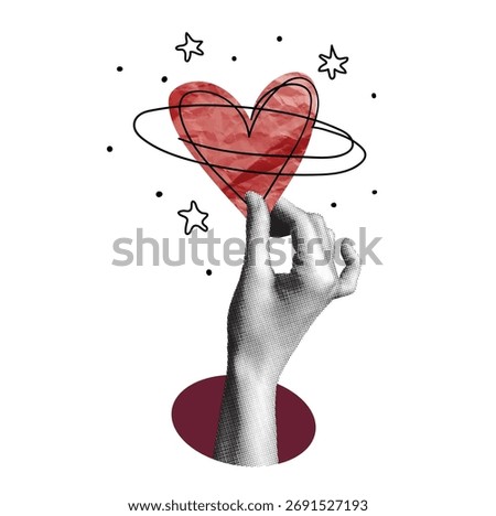 A hand holds a red heart surrounded by orbital lines and stars. A modern vector collage with a halftone hand and abstract elements. A love and romance concept for Valentine s Day card and poster desig