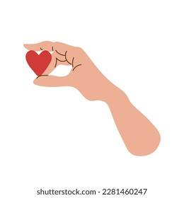 The hand holds a red heart. Vector illustration isolated on white background