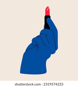 Hand holds red lipstick. Colorful vector illustration
