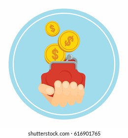 Hand holds red purse in which gold coins are deposited cash coins. Flat vector cartoon illustration. Objects isolated on a white background.