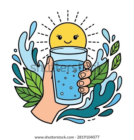 A hand holds a refreshing glass of water with a smiling sun and green leaves around it outdoors