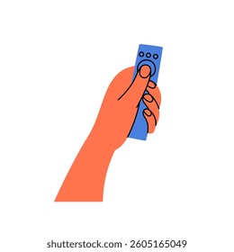 The hand holds the remote control and presses the button. Gesture. Color trendy vector illustration. Index, middle, ring, little fingers and thumb