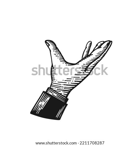 The hand holds. Restaurant menu sketch, vintage vector illustration. Black and white isolated on white background.