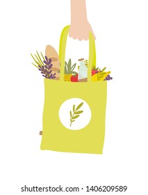 Hand Holds Reusable Textile Shopping Bag With Vegetables In Simple Style. Zero Waste Life. Eco Style. No Plastic. Vector Illustration.