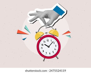 A hand holds ringing red alarm clock. Modern collage vector illustration 