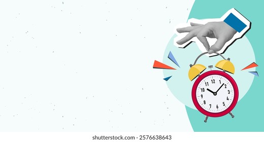 A hand holds ringing red alarm clock, place for text. Modern photo collage style. Vector illustration