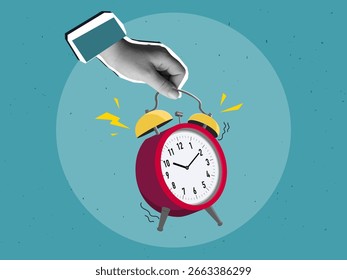 Una mano sostiene el reloj de alarma rojo que suena. Estilo de collage moderno. Ilustración vectorial