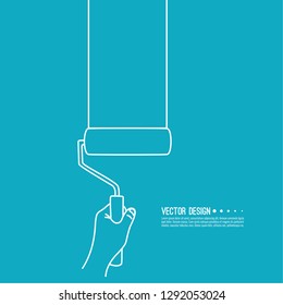 Hand holds the roller for the paint and paint the wall. Vector illustration in sketch style.