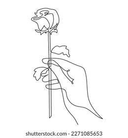 Hand holds rose, one-line art, continuous outline. Romantic decoration, flower symbol of love. Minimalist design.Editable stroke.Isolated.Vector illustration