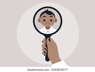 A hand holds a round mirror reflecting the face of a small child, The setting feels calm and introspective, inviting contemplation about one's inner child and personal growth