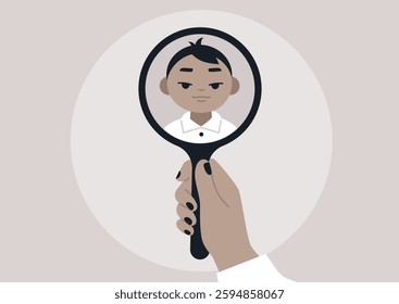 A hand holds a round mirror reflecting the face of a small child, The setting feels calm and introspective, inviting contemplation about one's inner child and personal growth